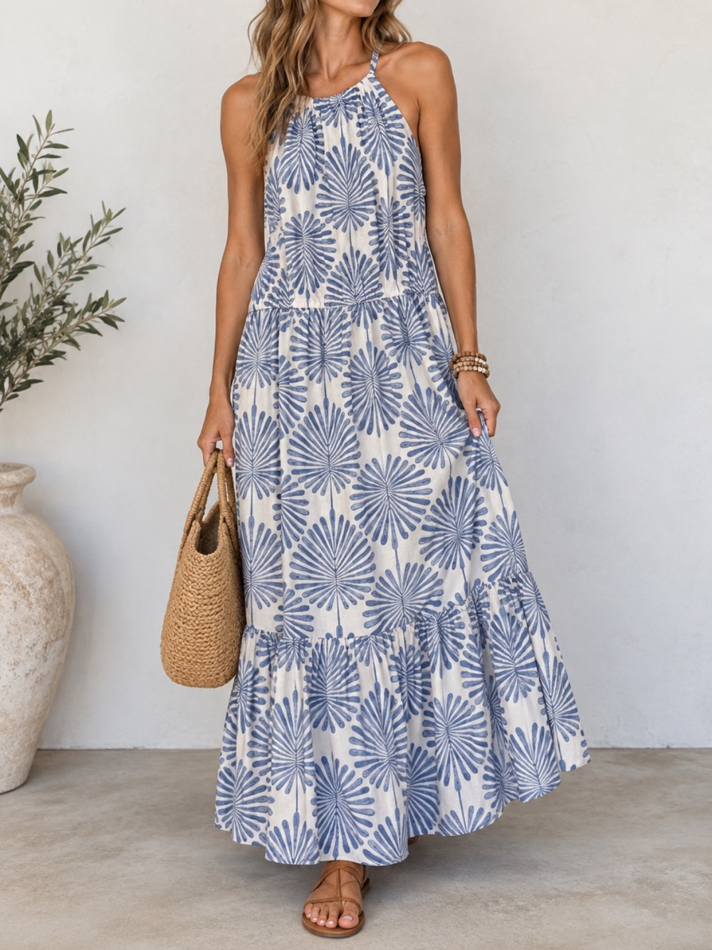 Joie Blue and White Linen Blend Halter Floral Maxi Dress